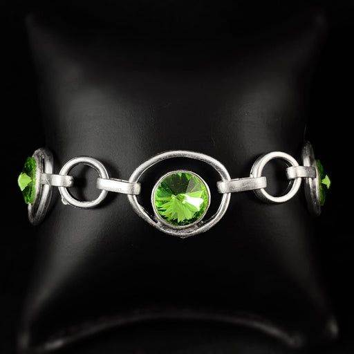Silver Chain Link Bracelet with Green Crystals, Handmade, Nickel Free - Noir