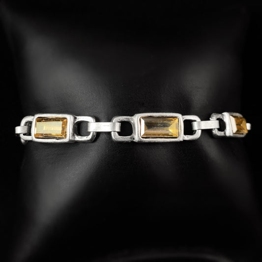 Silver Chain Link Bracelet with Yellow Crystals, Handmade, Nickel Free - Noir