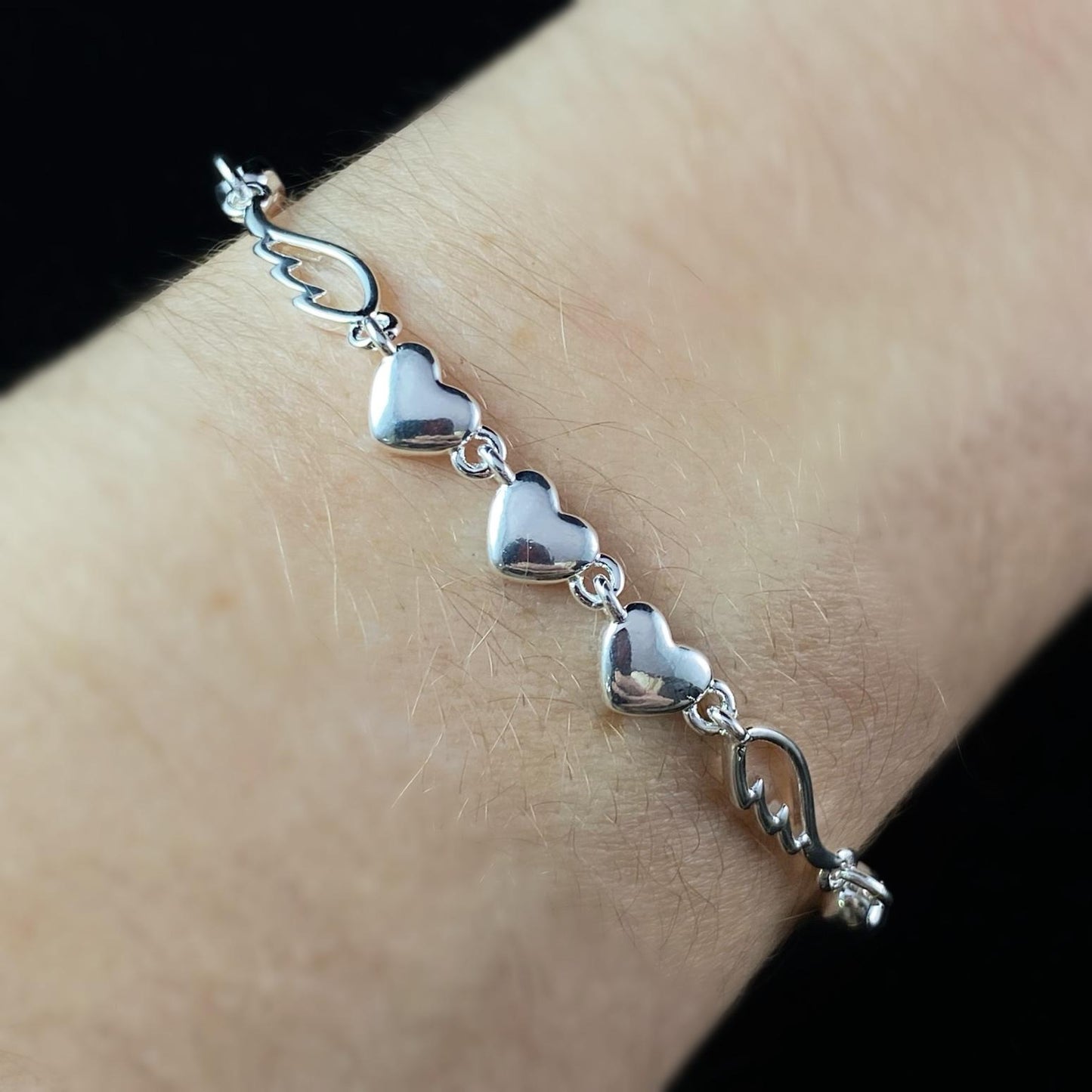 Silver Heart and Angel Wings Bracelet, Made in USA - Peri