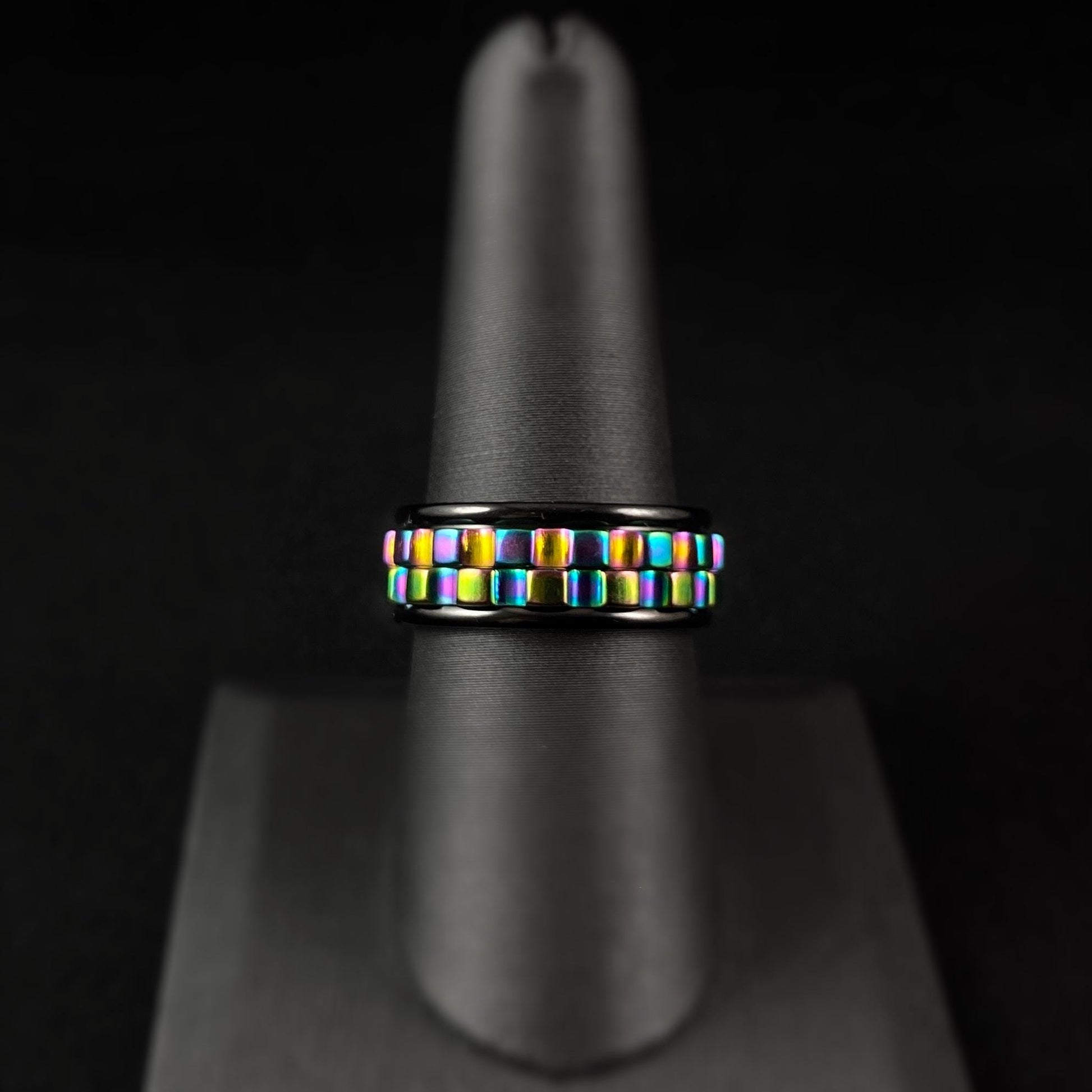 Cogwheel Fidget Spinner Ring, Black/Rainbow, Made in USA - Peri