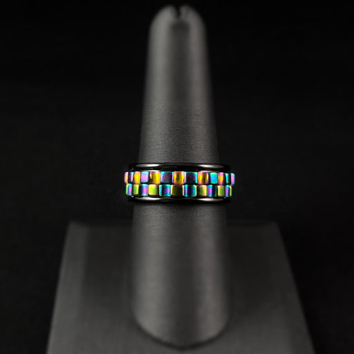 Cogwheel Fidget Spinner Ring, Black/Rainbow, Made in USA - Peri
