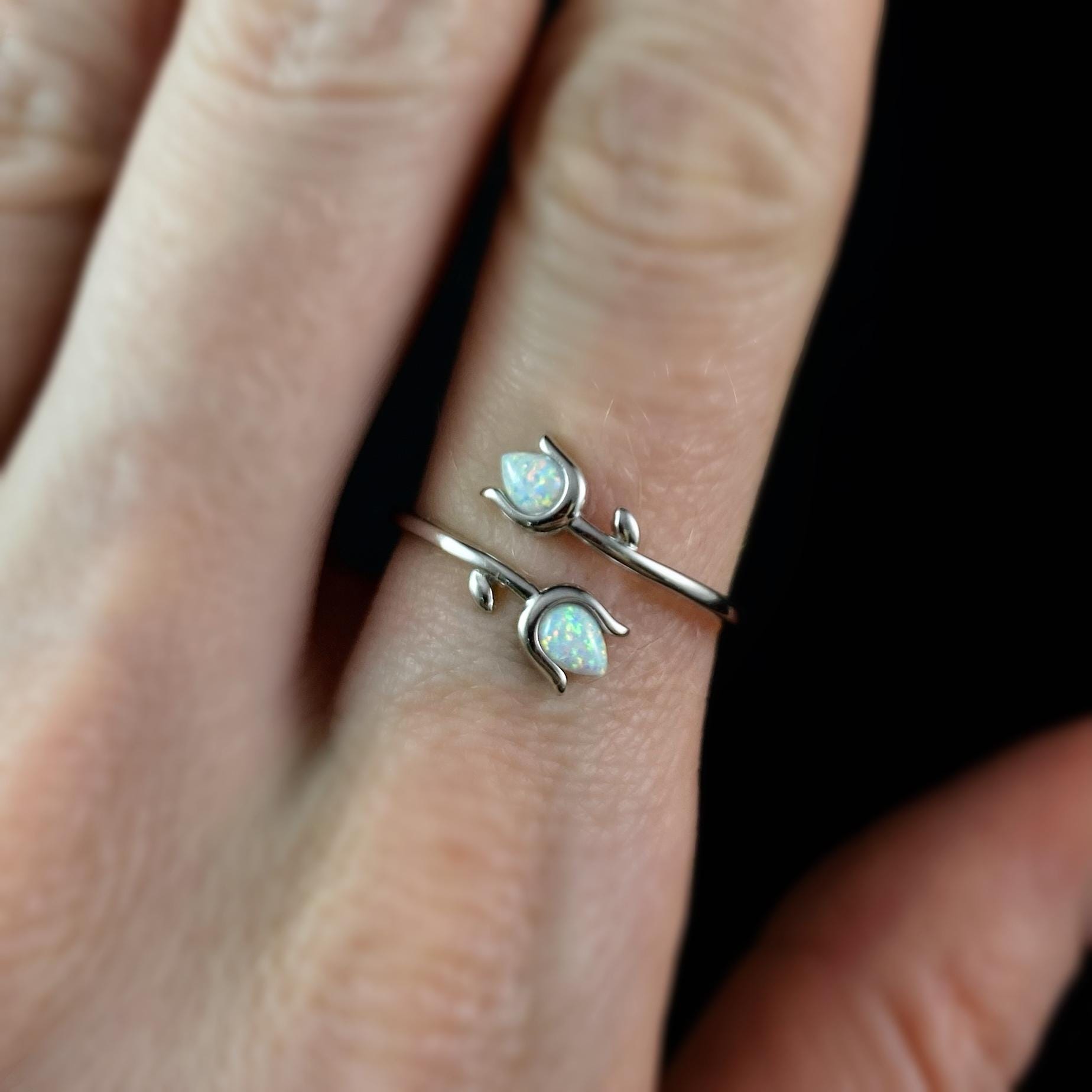 Dainty Silver Opal Tulip Ring, Made in USA - Peri