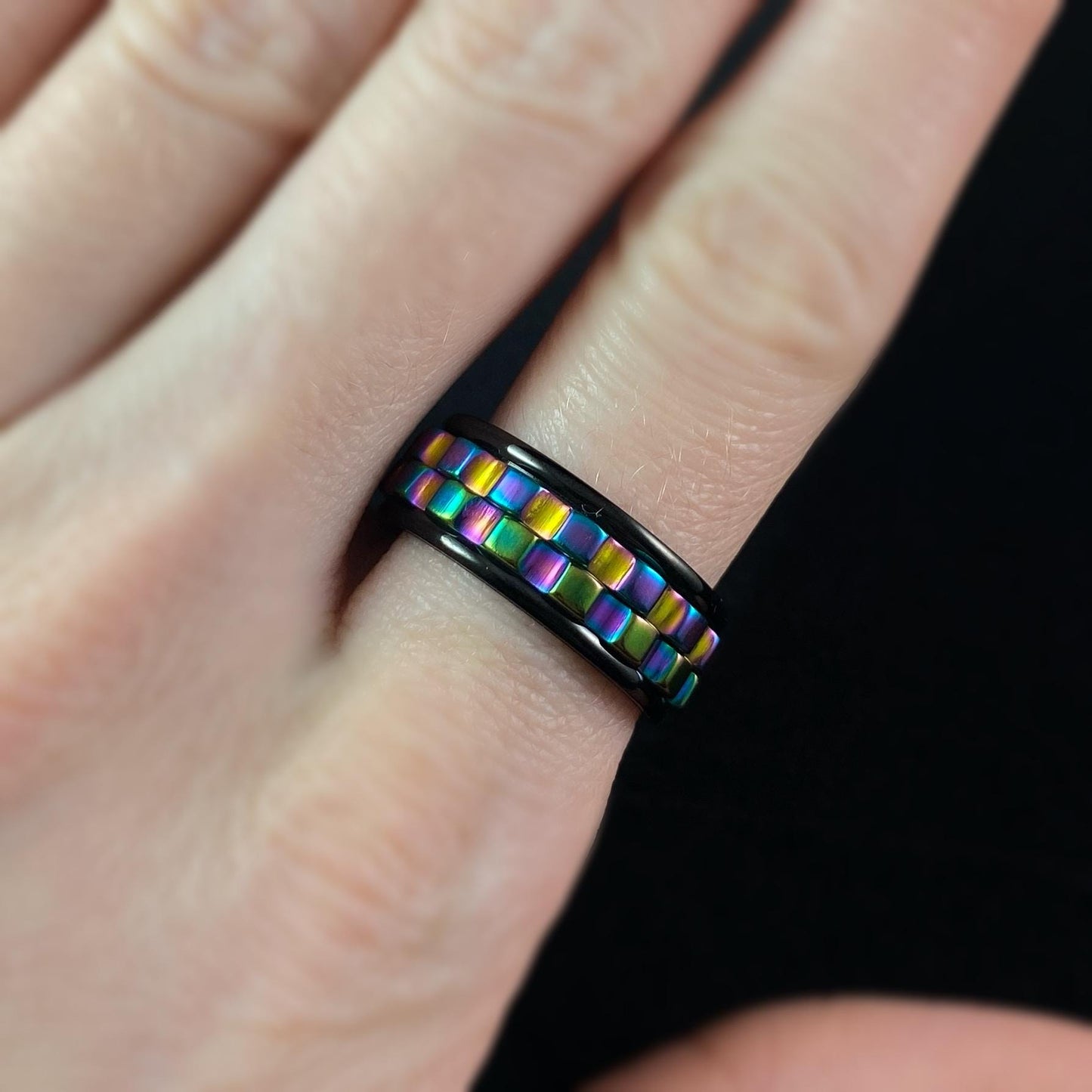 Cogwheel Fidget Spinner Ring, Black/Rainbow, Made in USA - Peri