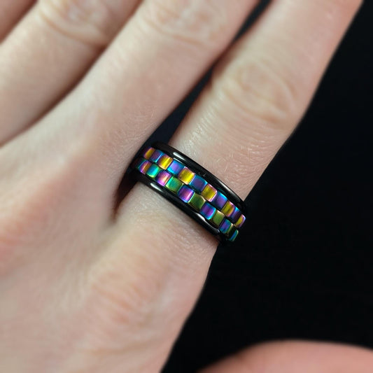 Cogwheel Fidget Spinner Ring, Black/Rainbow, Made in USA - Peri
