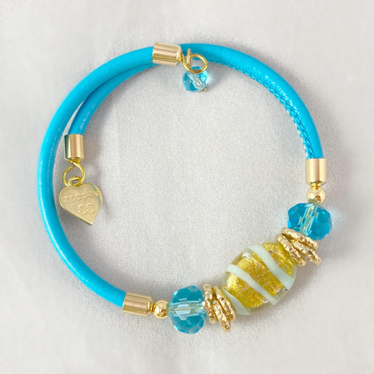 Aqua Blue Candy Beaded Venetian Glass Bracelet - Handmade in Italy, Colorful Murano Glass