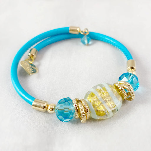 Aqua Blue Candy Beaded Venetian Glass Bracelet - Handmade in Italy, Colorful Murano Glass