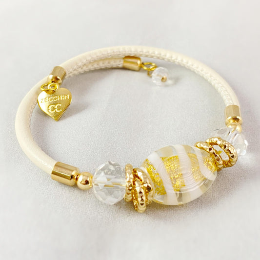 White Candy Beaded Venetian Glass Bracelet - Handmade in Italy, Colorful Murano Glass