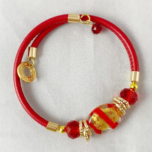 Red Candy Beaded Venetian Glass Bracelet - Handmade in Italy, Colorful Murano Glass