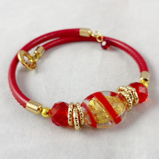 Red Candy Beaded Venetian Glass Bracelet - Handmade in Italy, Colorful Murano Glass