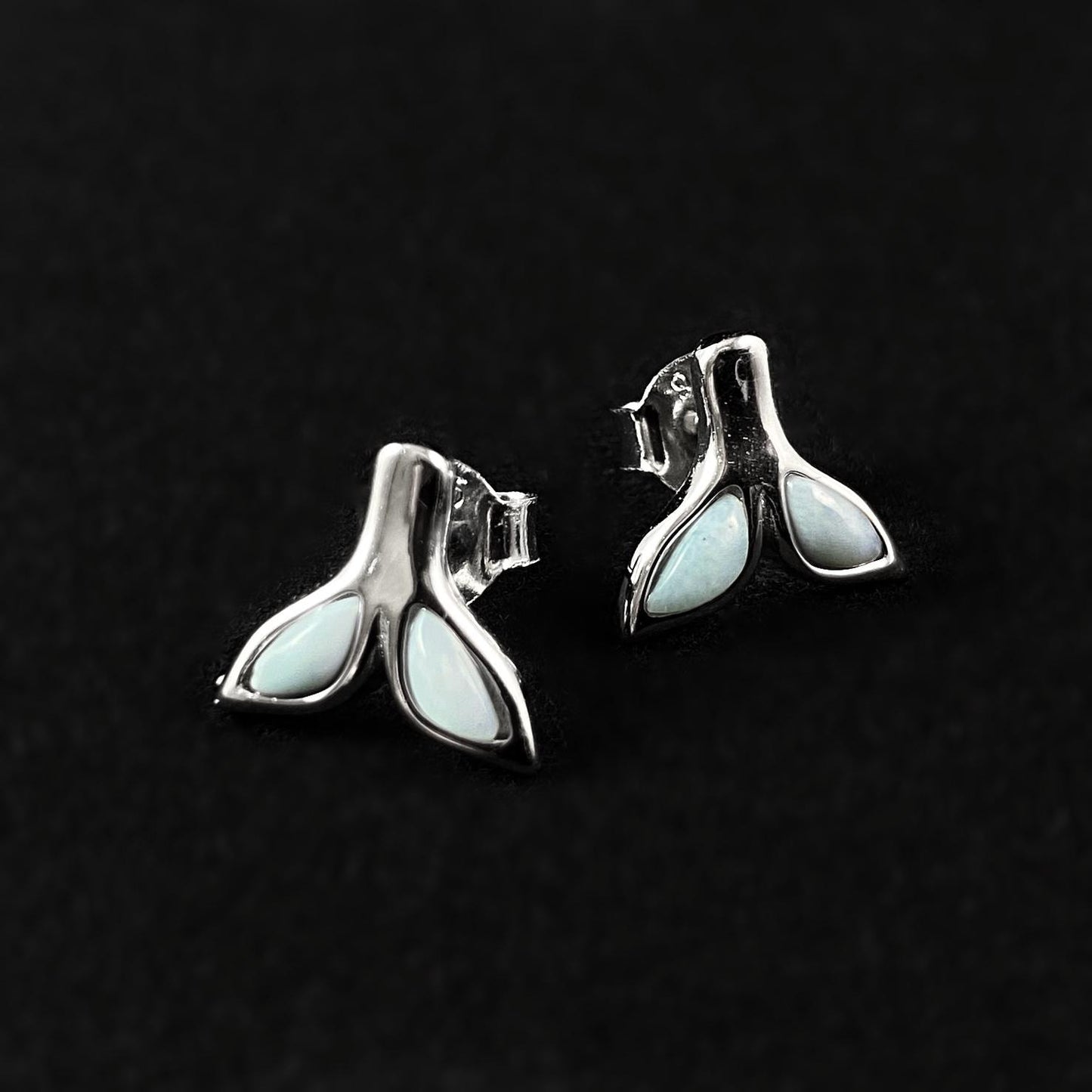 Sterling Silver Whale Tail Stud Earrings with Natural Larimar Stones