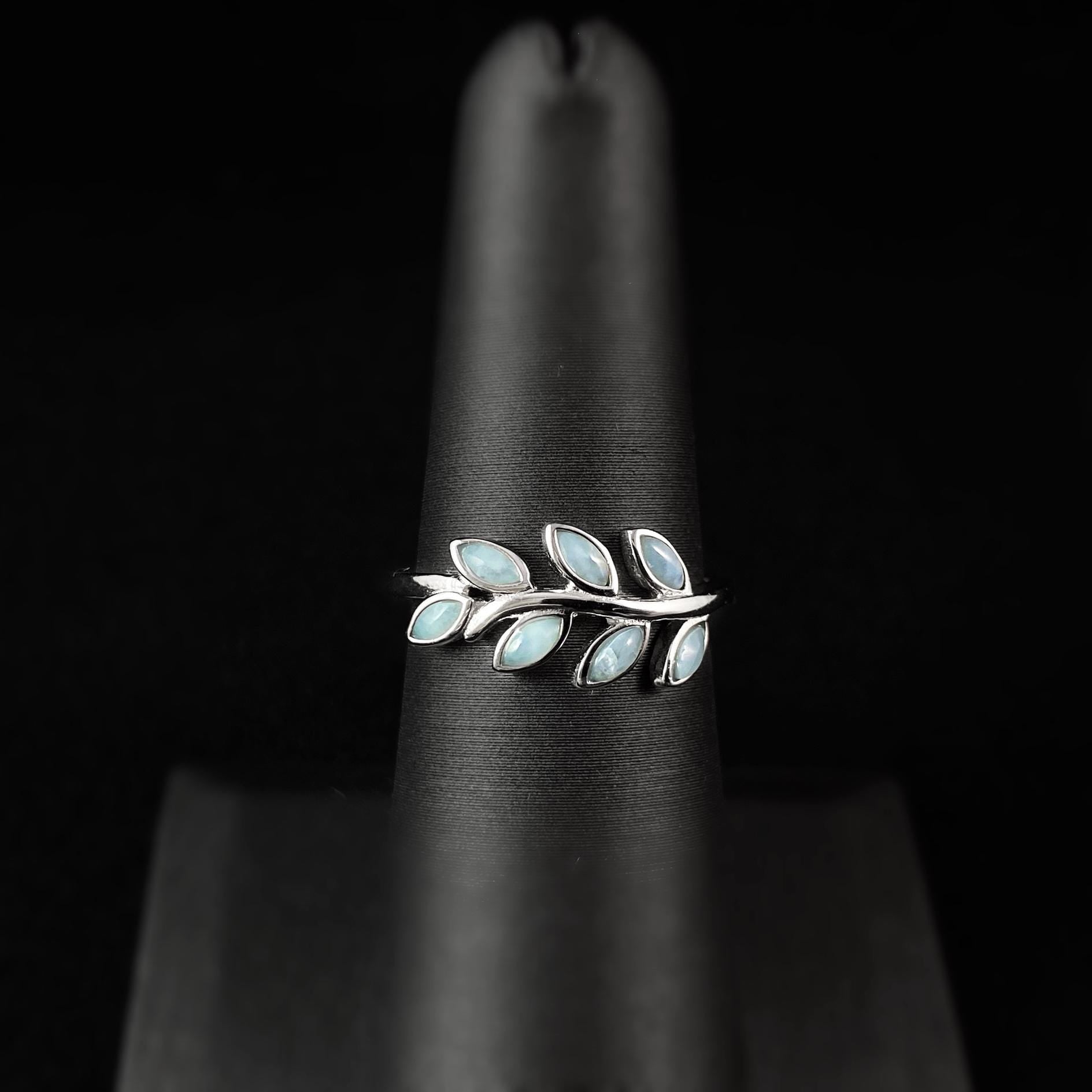 Sterling Silver Olive Branch Leaf Ring with Natural Larimar Stones, Size 7