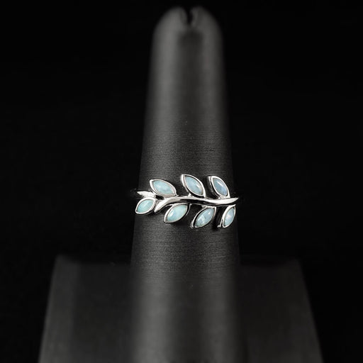 Sterling Silver Olive Branch Leaf Ring with Natural Larimar Stones, Size 7