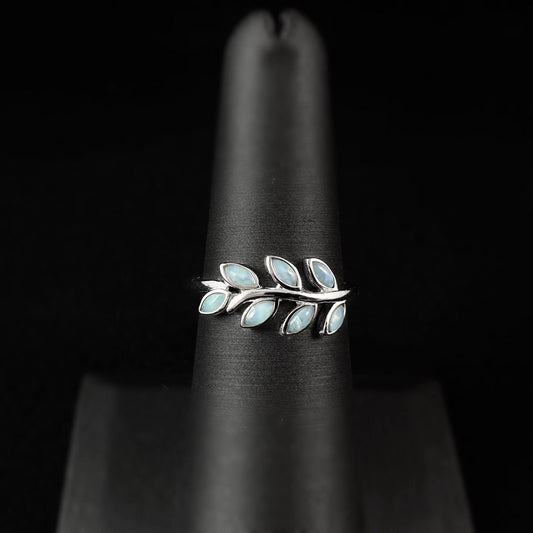 Sterling Silver Olive Branch Leaf Ring with Natural Larimar Stones, Size 7