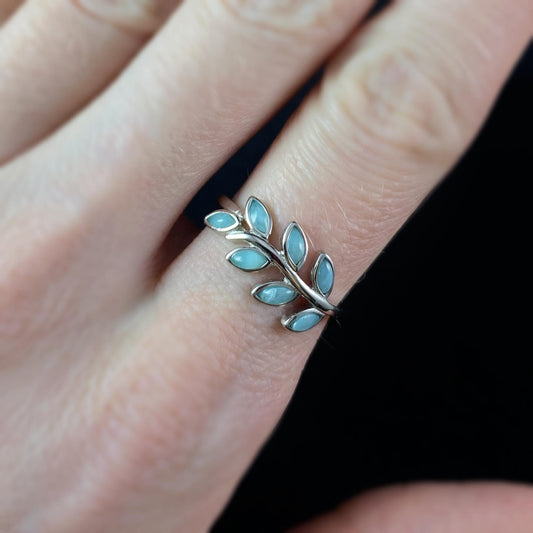 Sterling Silver Olive Branch Leaf Ring with Natural Larimar Stones, Size 7