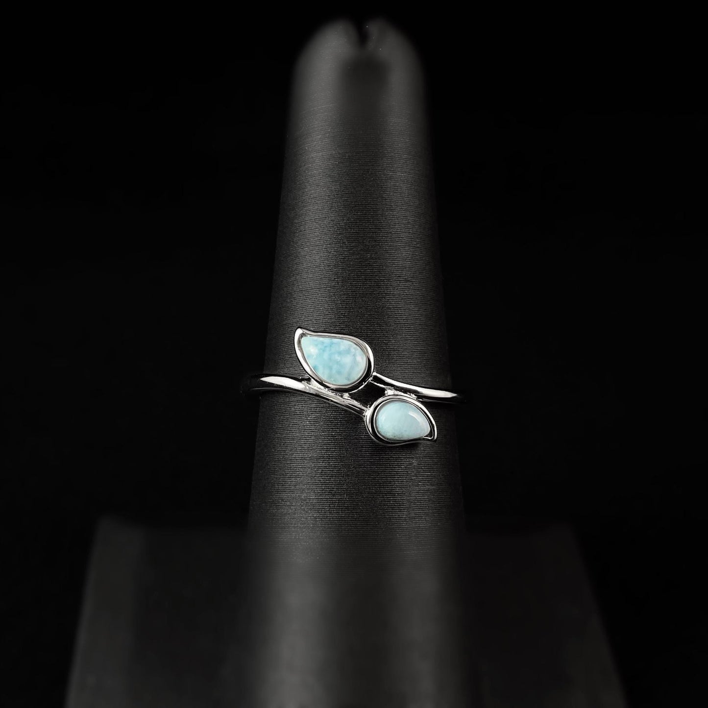 Sterling Silver Leaf Ring with Natural Larimar Stones, Size 7