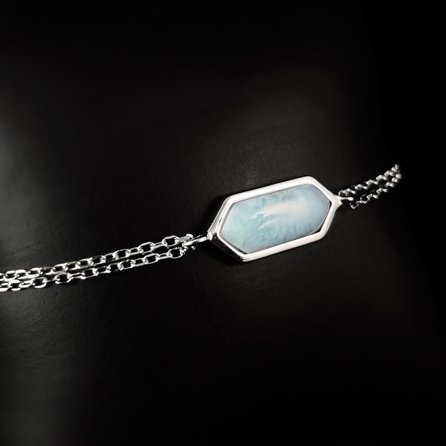Sterling Silver Chain Link Bracelet with Natural Larimar Stone