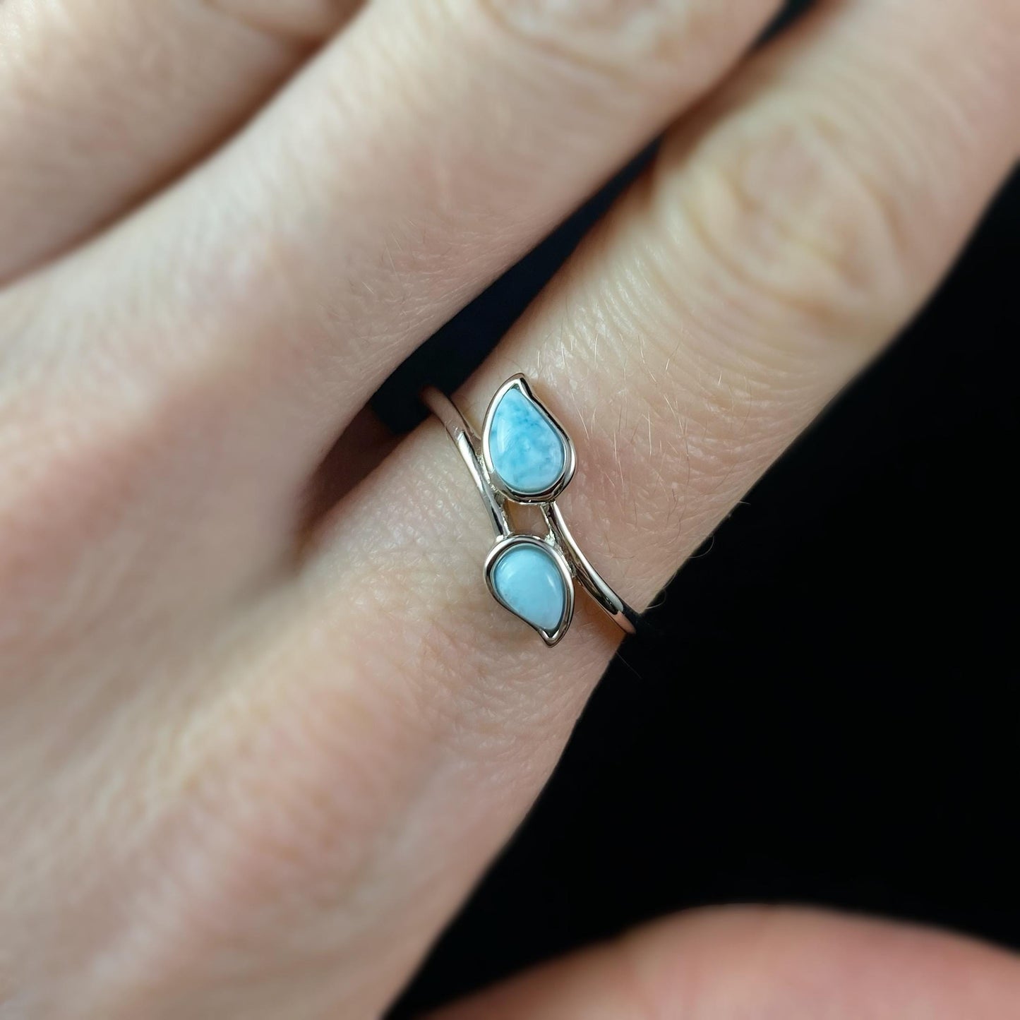 Sterling Silver Leaf Ring with Natural Larimar Stones, Size 7