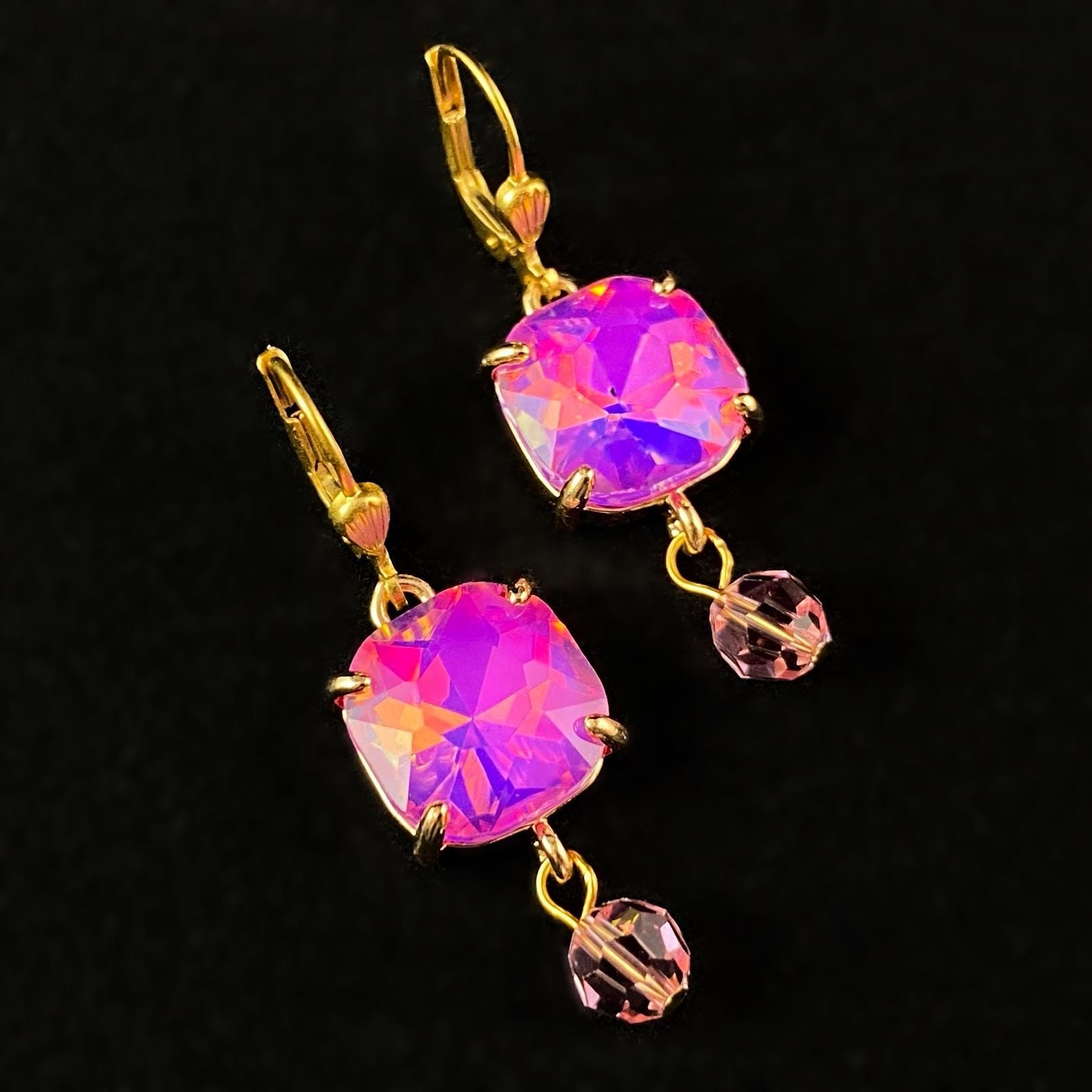Vibrant Pink Square Cut Swarovski Crystal Drop Earrings - La Vie Parisienne by Catherine Popesco