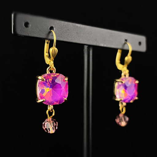 Vibrant Pink Square Cut Swarovski Crystal Drop Earrings - La Vie Parisienne by Catherine Popesco