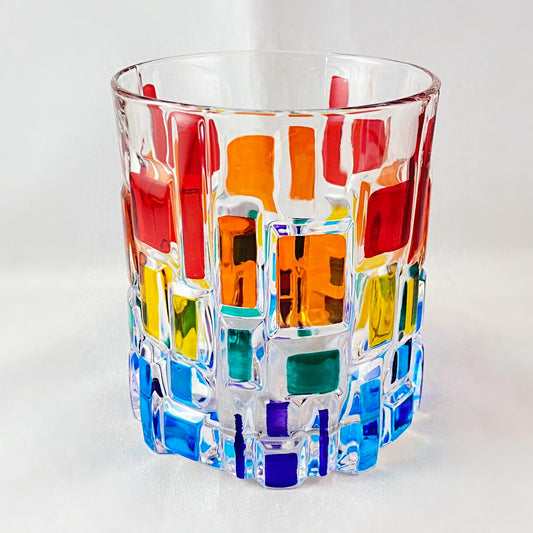 Venetian Glass Frank Lloyd Wright Rainbow Whiskey Tumbler - Handmade in Italy, Colorful Murano Glass