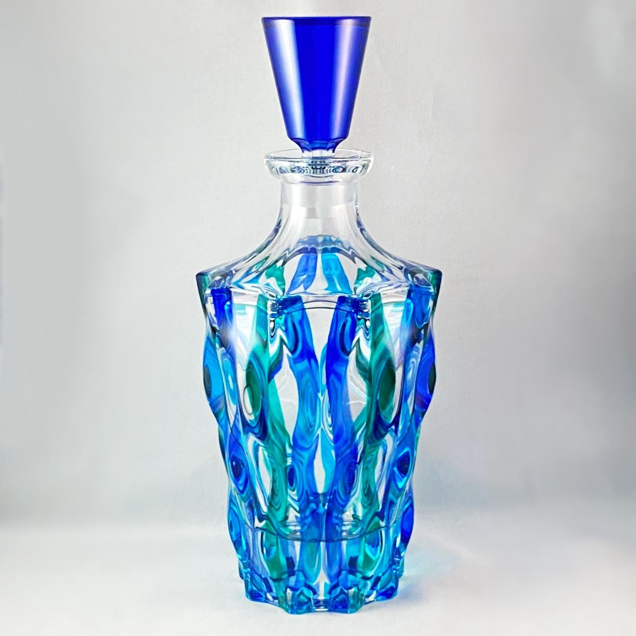 Venetian Glass Ribbon SD Whiskey Decanter, Blue Top - Handmade in Italy, Colorful Murano Glass