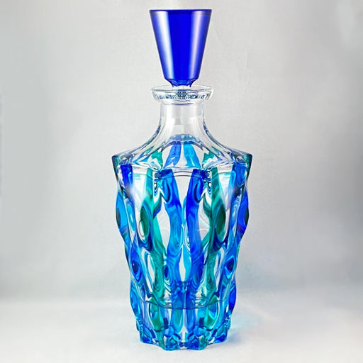 Venetian Glass Ribbon SD Whiskey Decanter, Blue Top - Handmade in Italy, Colorful Murano Glass
