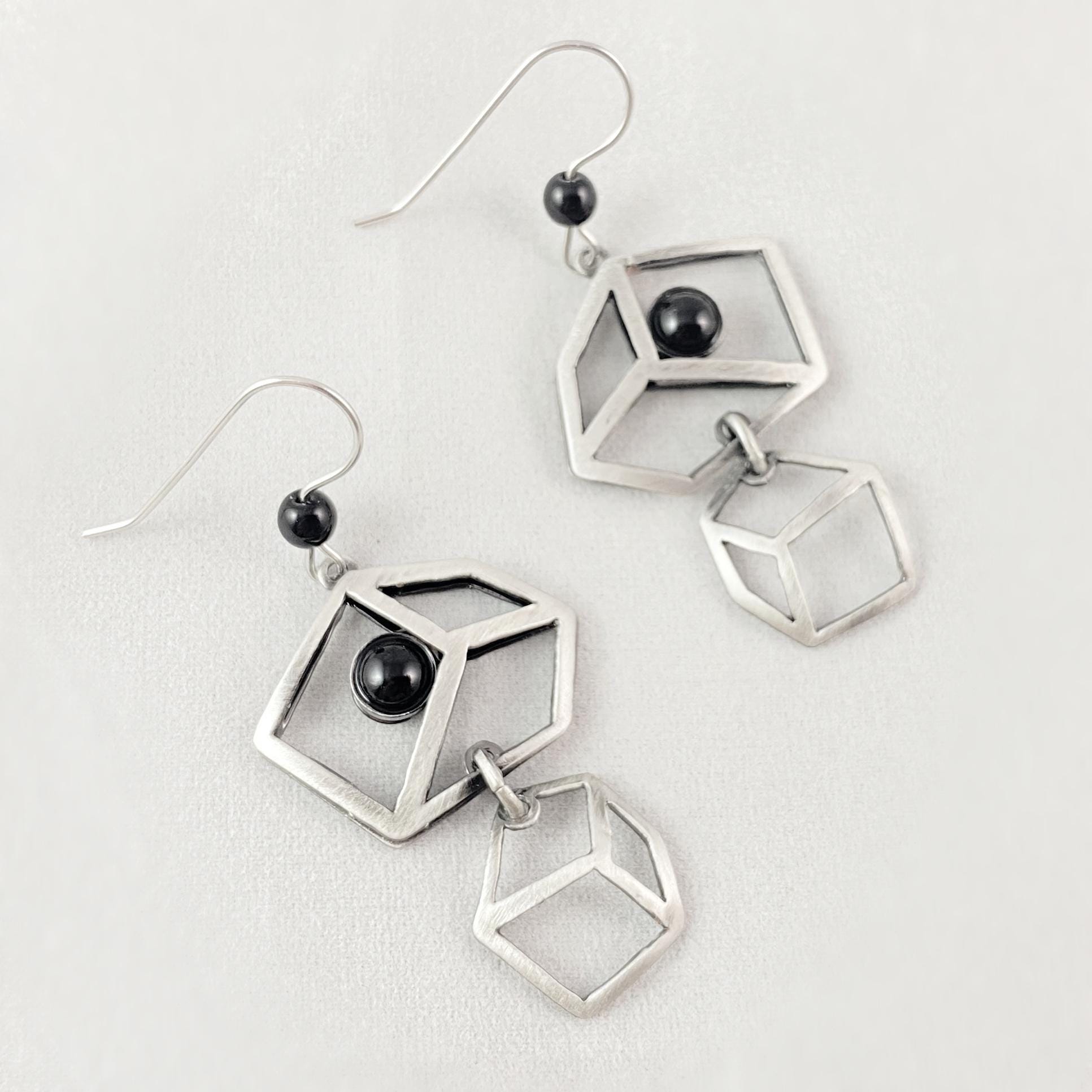 Lightweight Handmade Geometric Aluminum Earrings, Black/Silver Cubist