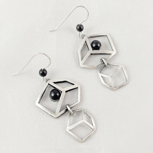 Lightweight Handmade Geometric Aluminum Earrings, Black/Silver Cubist
