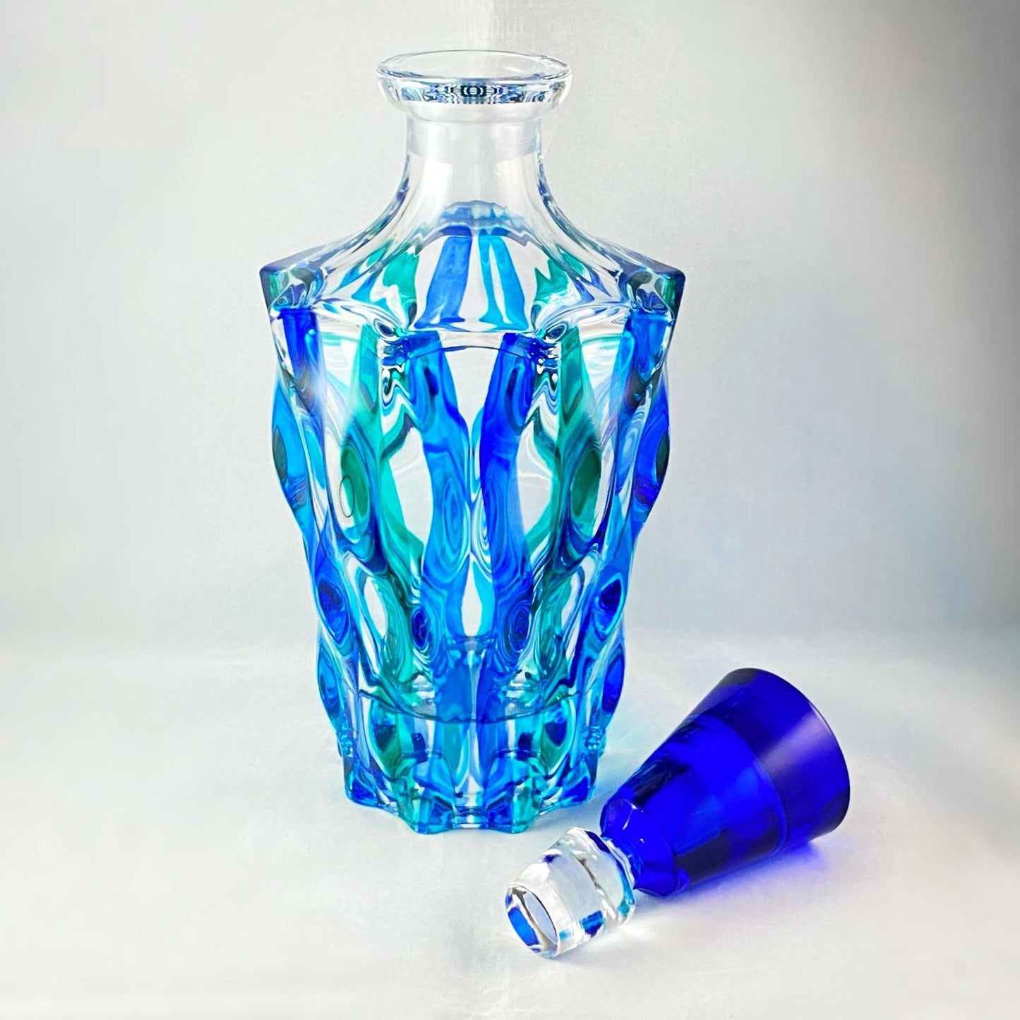 Venetian Glass Ribbon SD Whiskey Decanter, Blue Top - Handmade in Italy, Colorful Murano Glass