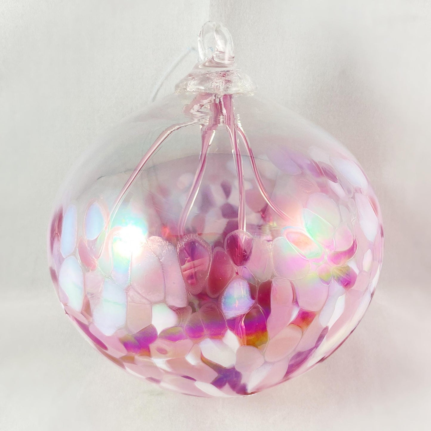 Handmade Glass Witches Ball, #54 - Iridescent Bubblegum Pink/White