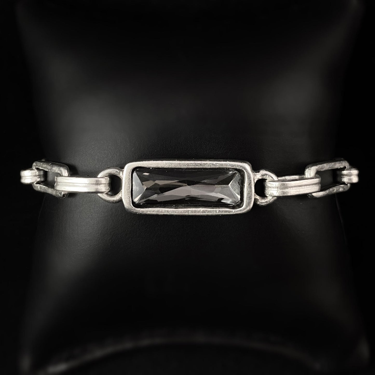 Silver Chain Link Bracelet with Rectangle Gray Crystal, Handmade, Nickel Free - Noir