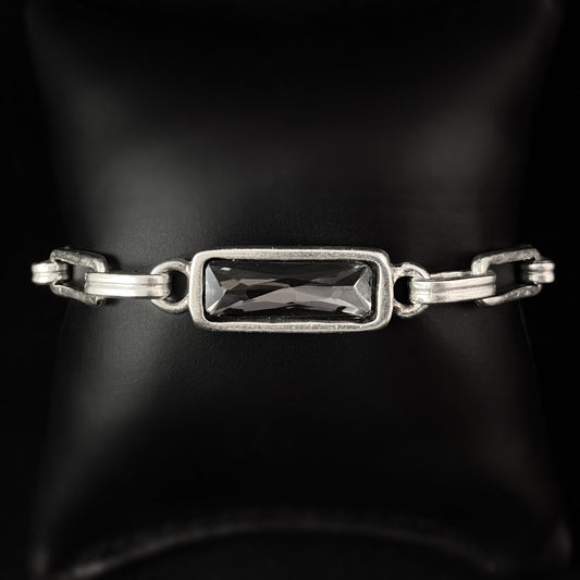 Silver Chain Link Bracelet with Rectangle Gray Crystal, Handmade, Nickel Free - Noir