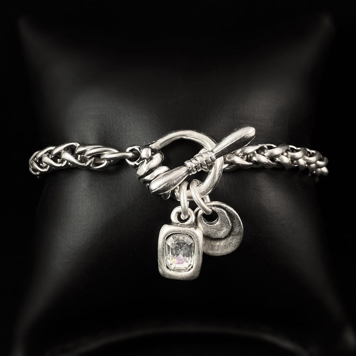 Silver Rope Chain Bracelet with Crystal and Circle Charms and Toggle Closure, Handmade, Nickel Free-Noir