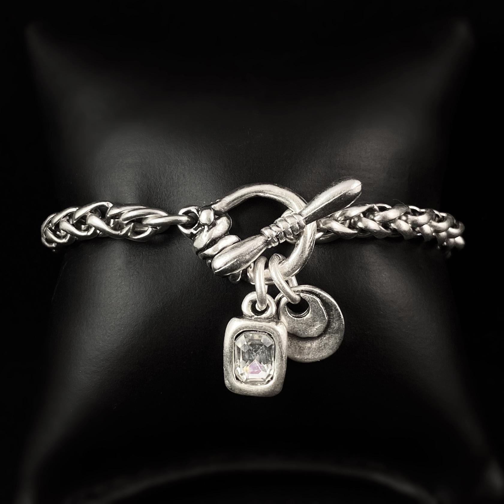 Silver Rope Chain Bracelet with Crystal and Circle Charms and Toggle Closure, Handmade, Nickel Free-Noir