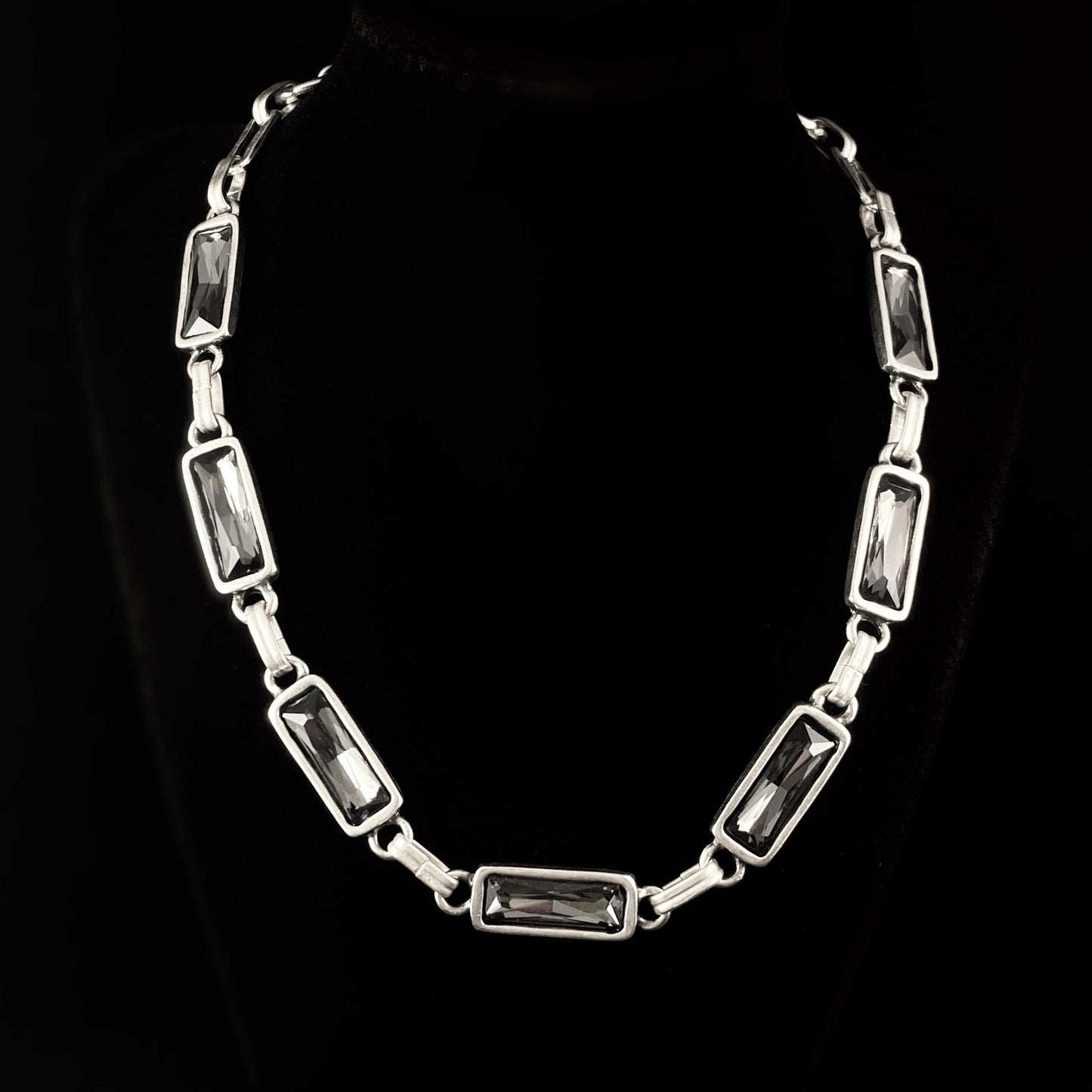 Chunky Silver Necklace with Gray Crystals, Handmade, Nickel Free-Noir