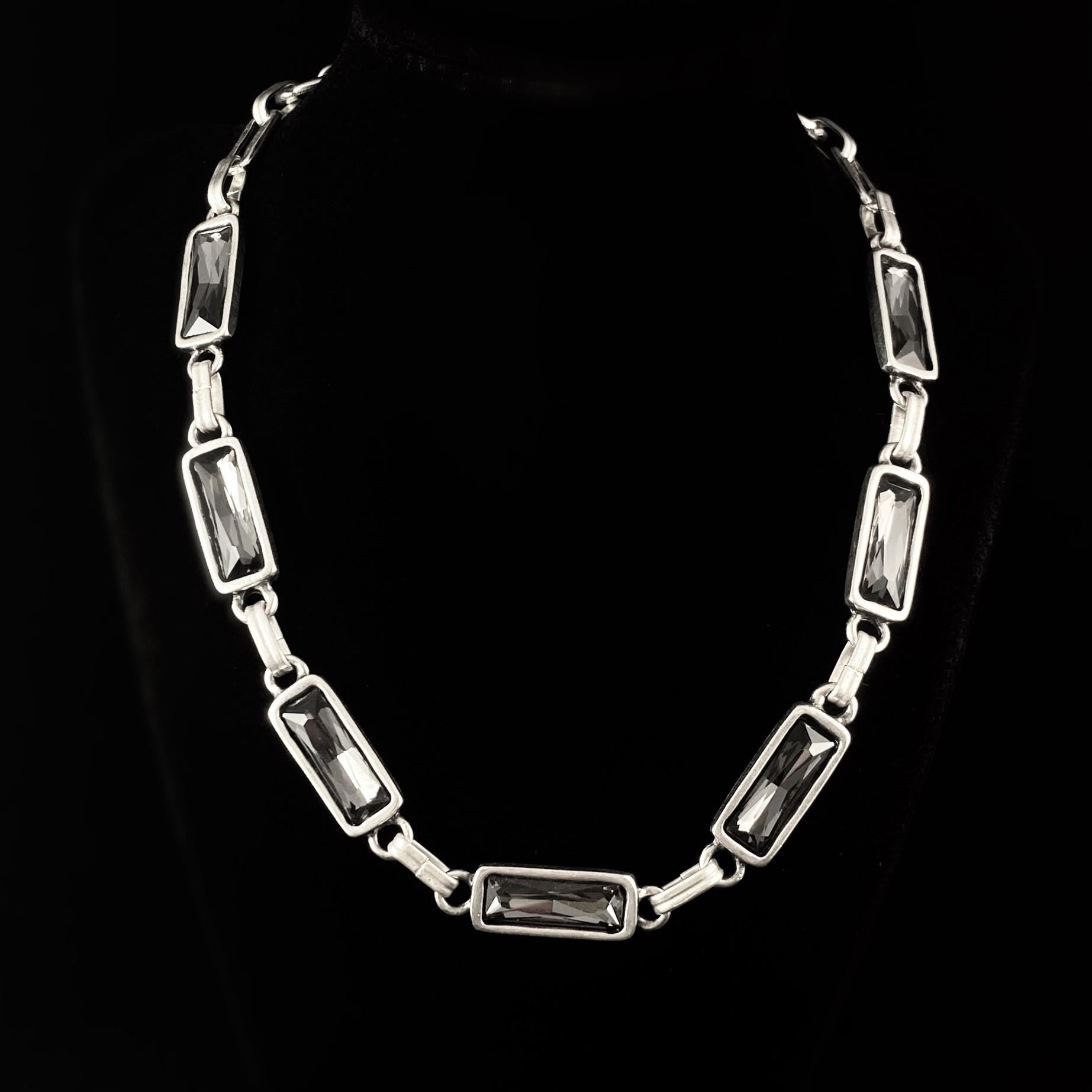 Chunky Silver Necklace with Gray Crystals, Handmade, Nickel Free-Noir