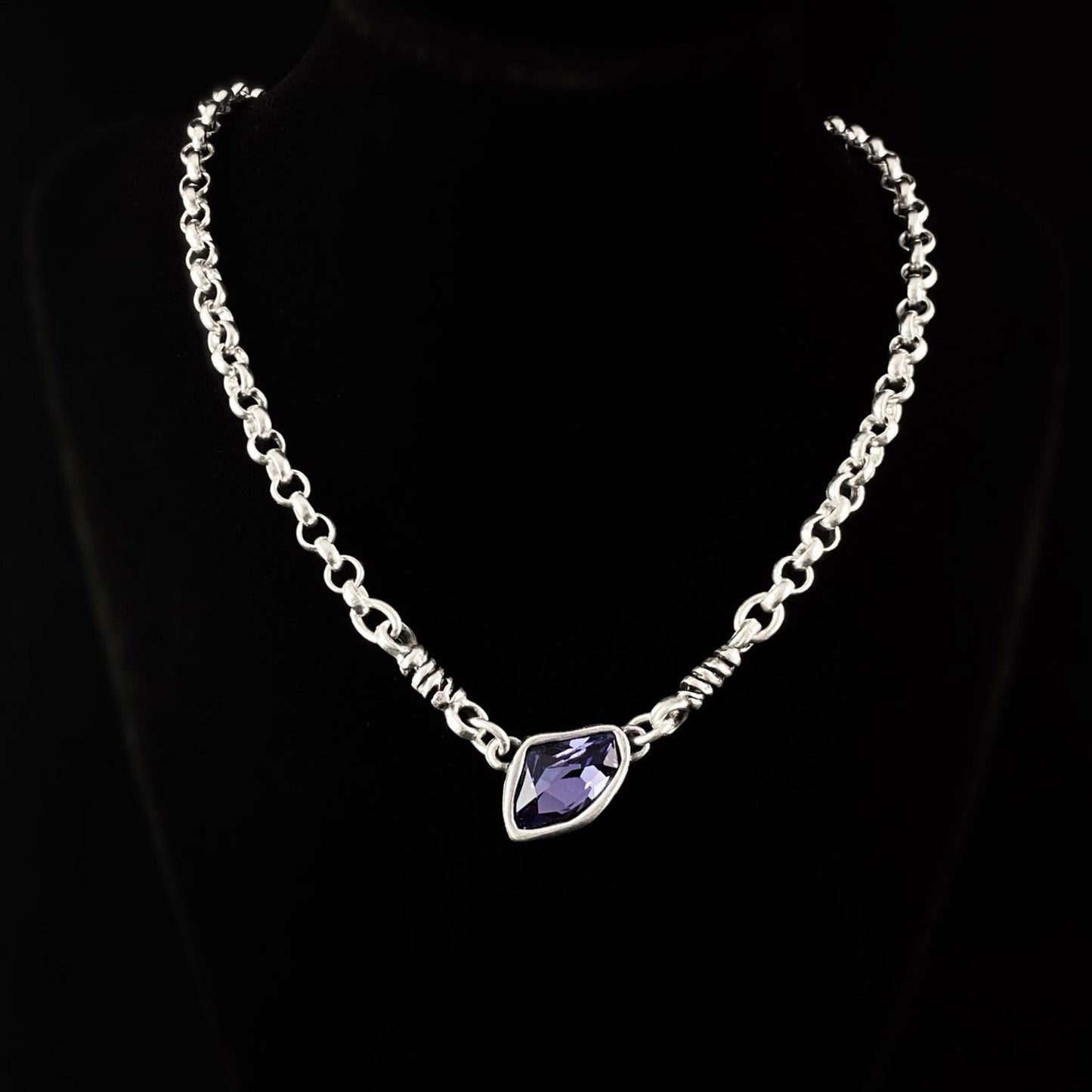 Silver Chain Link Necklace with Purple Crystal Pendant, Handmade, Nickel Free - Noir