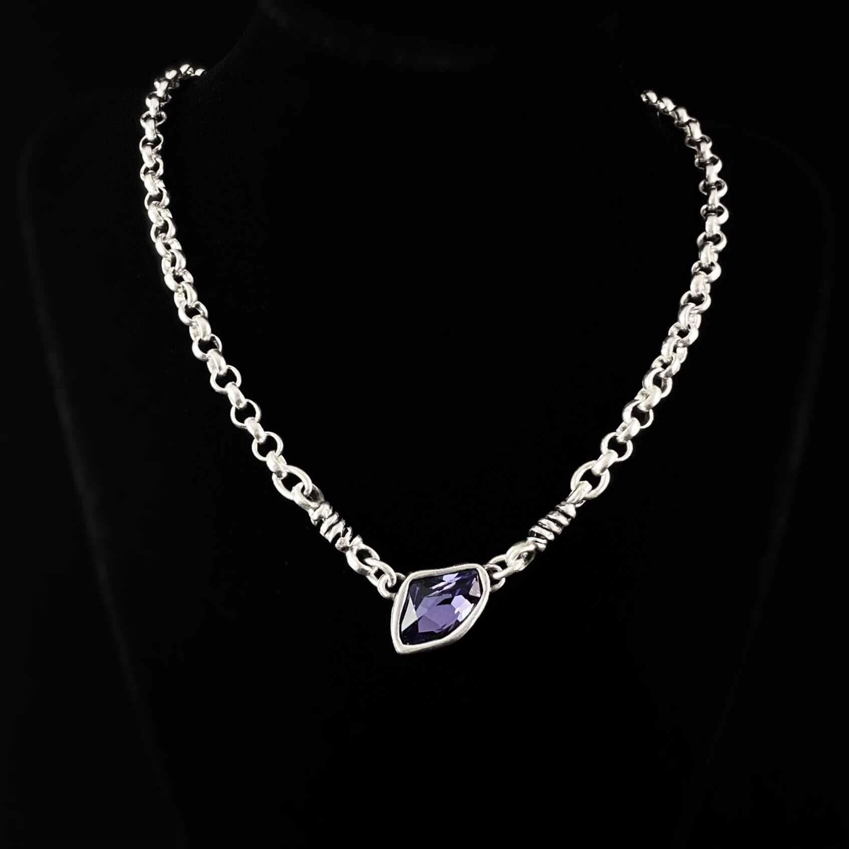 Silver Chain Link Necklace with Purple Crystal Pendant, Handmade, Nickel Free - Noir