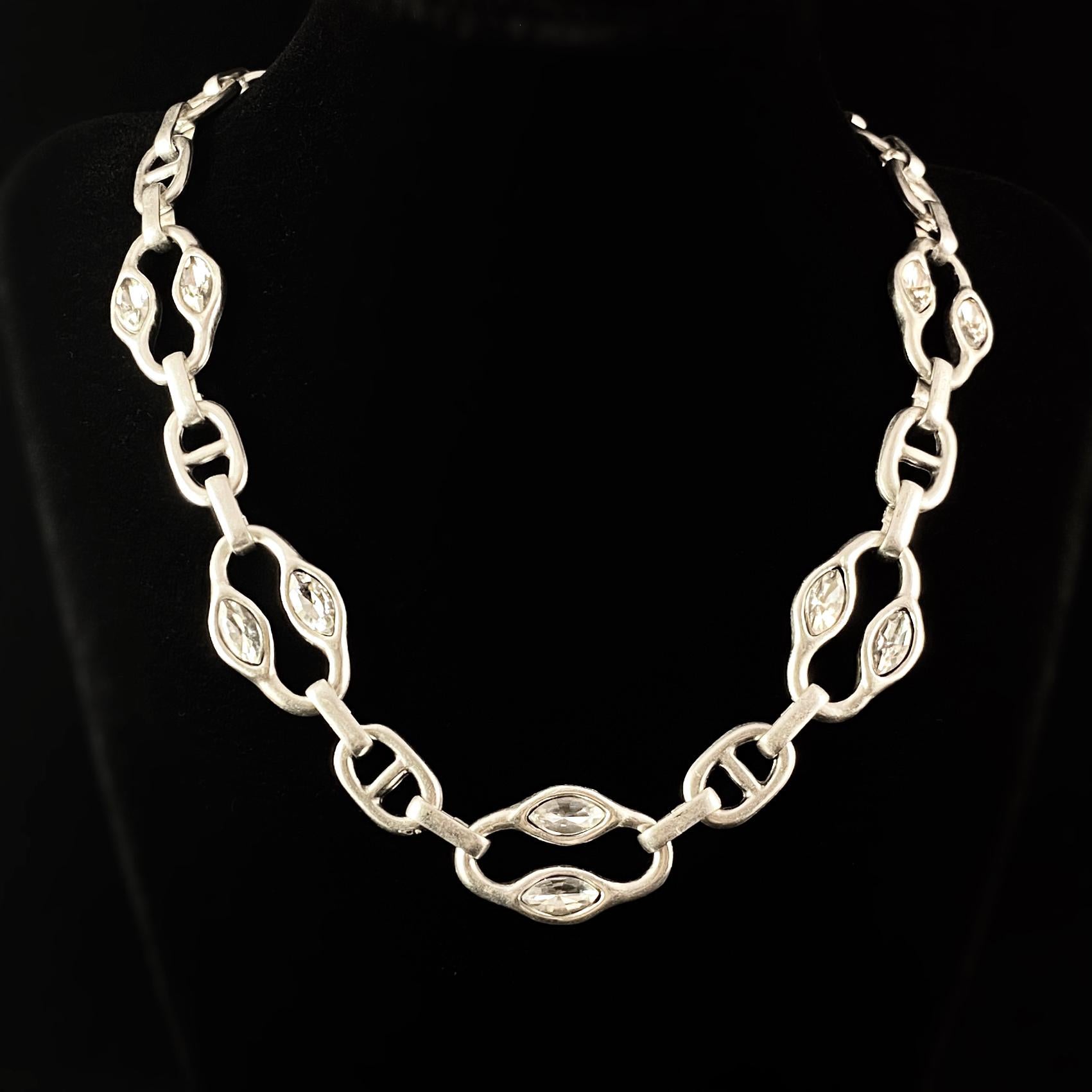 Chunky Silver Chain Link Necklace with Clear Crystals, Handmade, Nickel Free-Noir