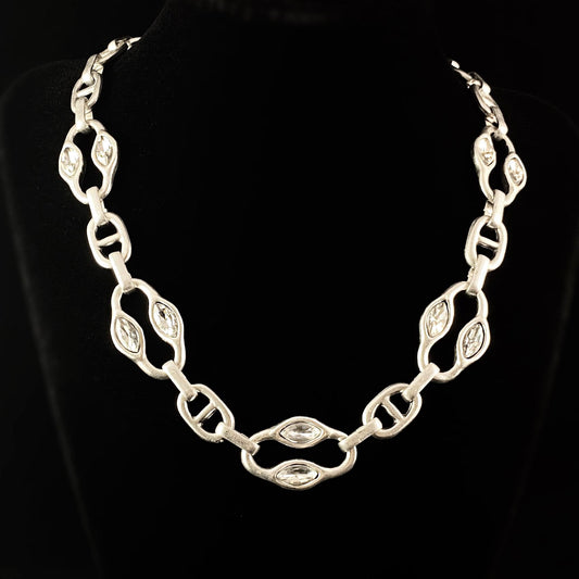 Chunky Silver Chain Link Necklace with Clear Crystals, Handmade, Nickel Free-Noir