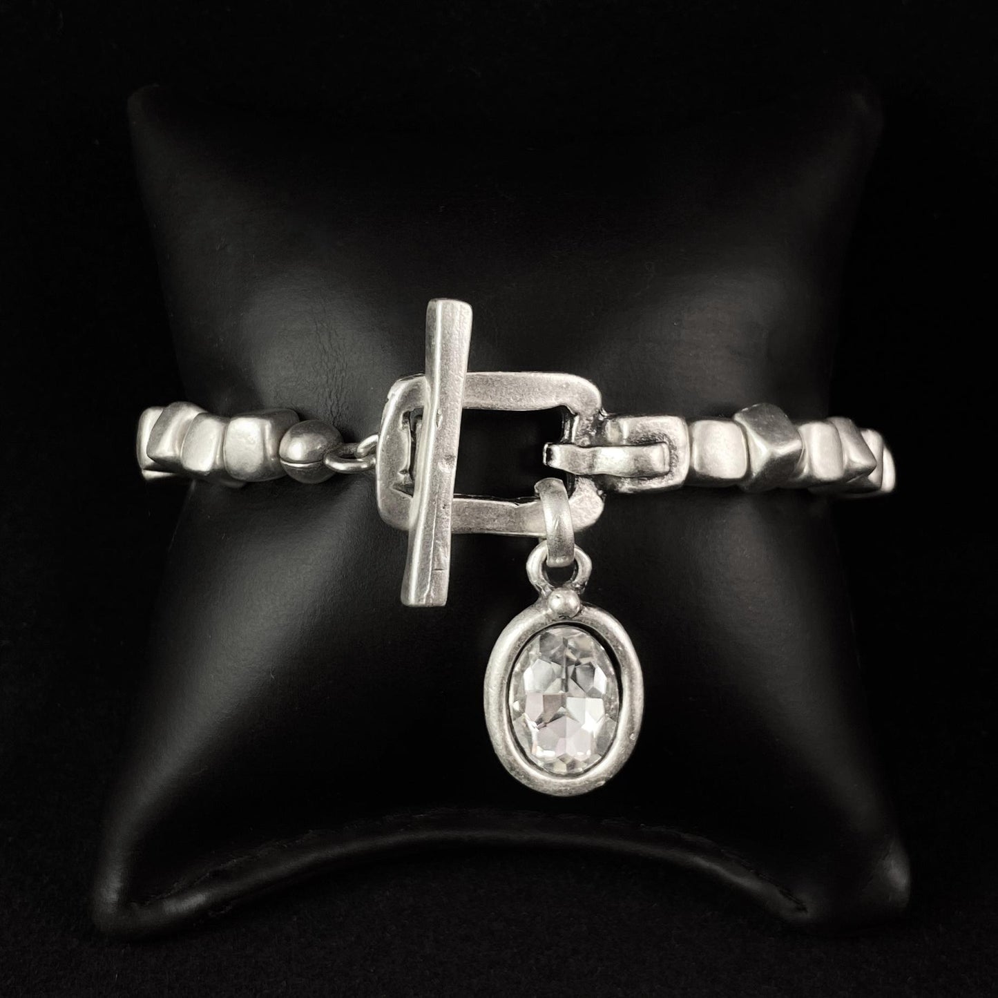 Silver Beaded Bracelet with Crystal Charm and Toggle Closure, Handmade, Nickel Free-Noir