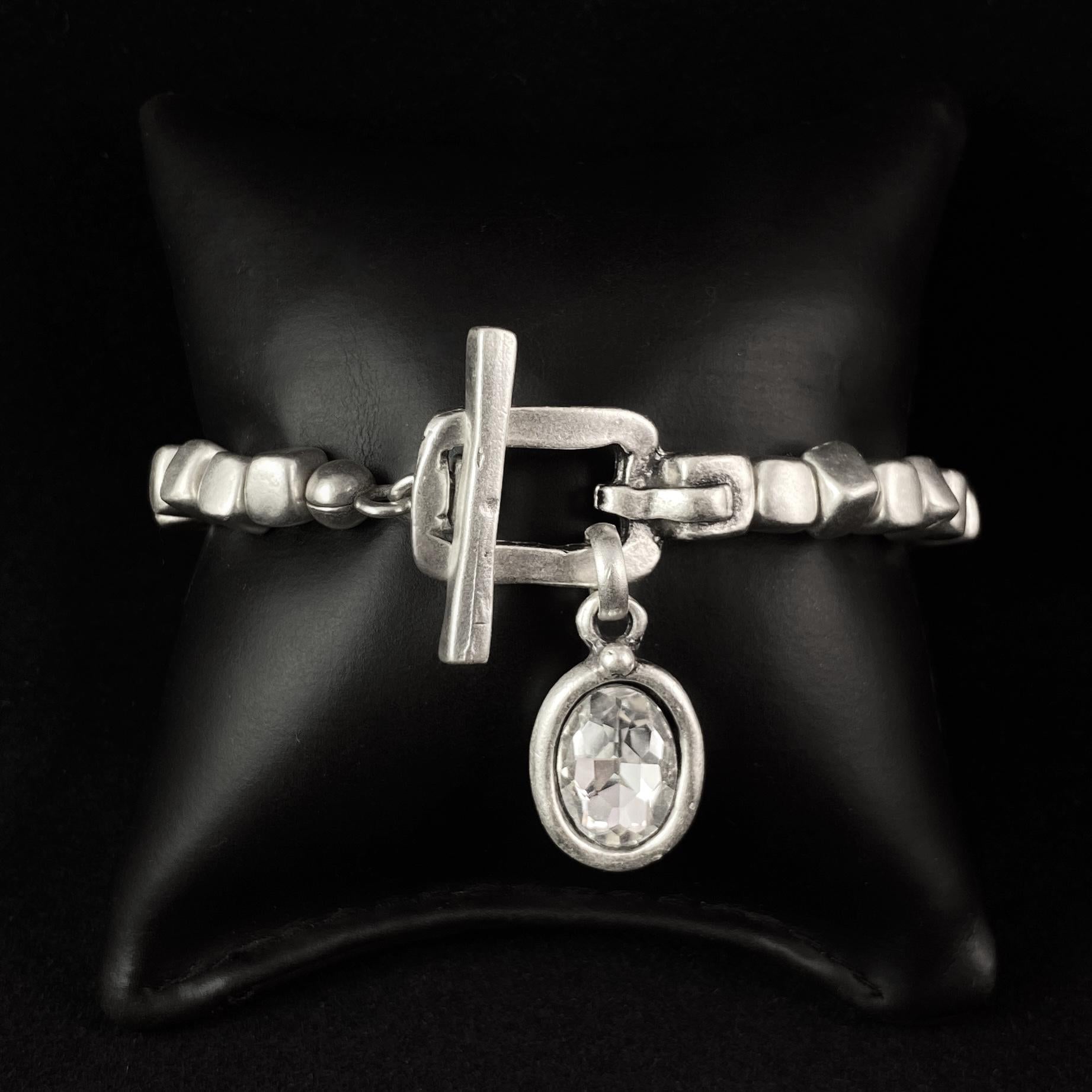 Silver Beaded Bracelet with Crystal Charm and Toggle Closure, Handmade, Nickel Free-Noir