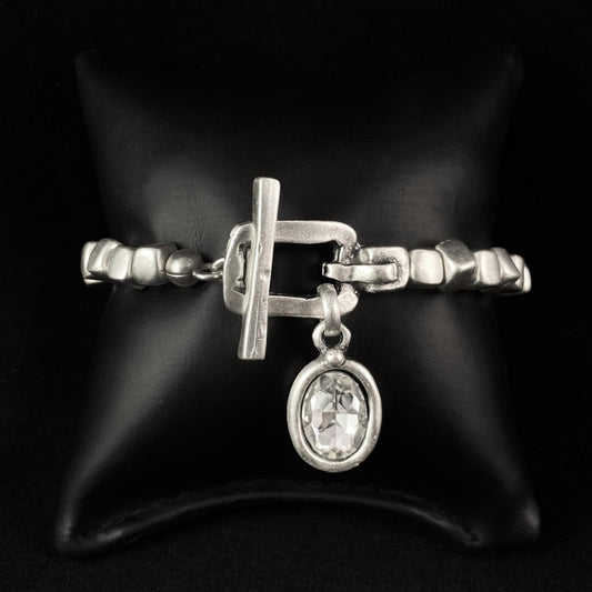 Silver Beaded Bracelet with Crystal Charm and Toggle Closure, Handmade, Nickel Free-Noir