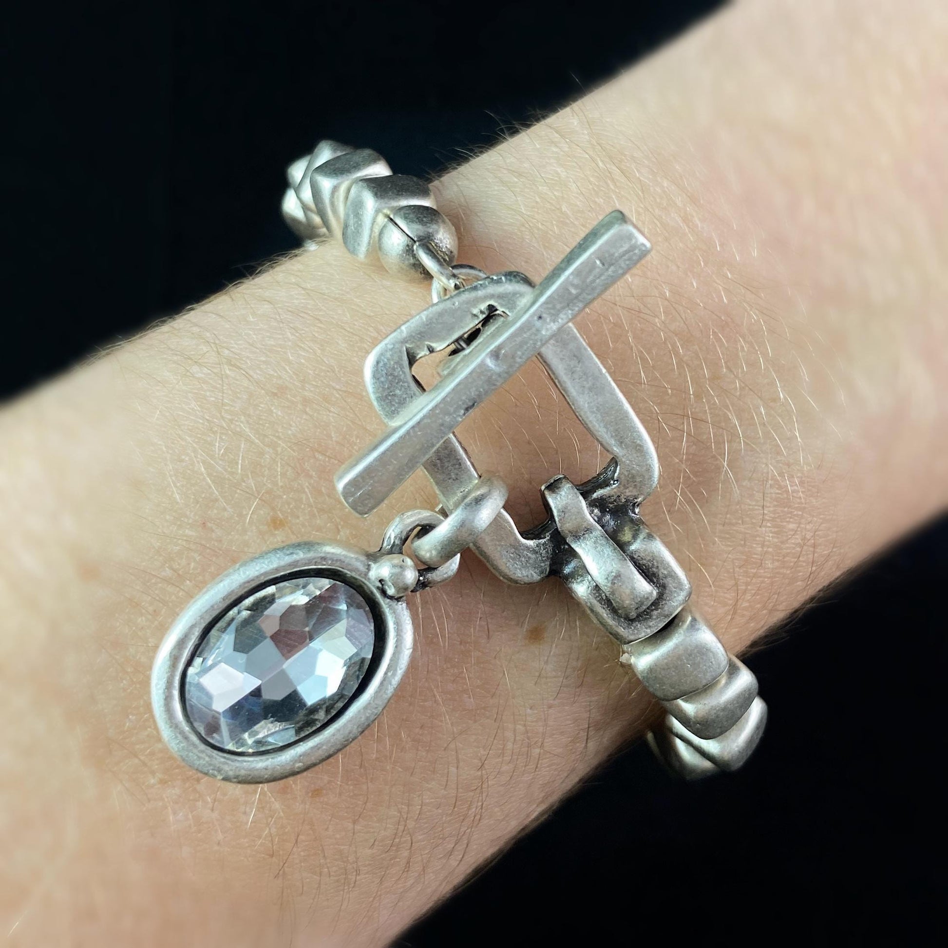Silver Beaded Bracelet with Crystal Charm and Toggle Closure, Handmade, Nickel Free-Noir