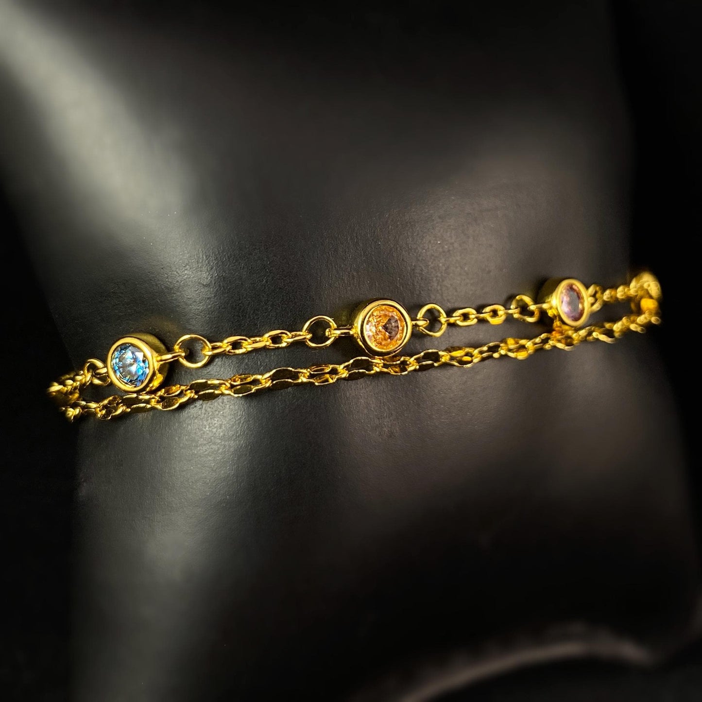 Dainty Multicolor Crystal Double Chain Bracelet, Made in USA - Peri