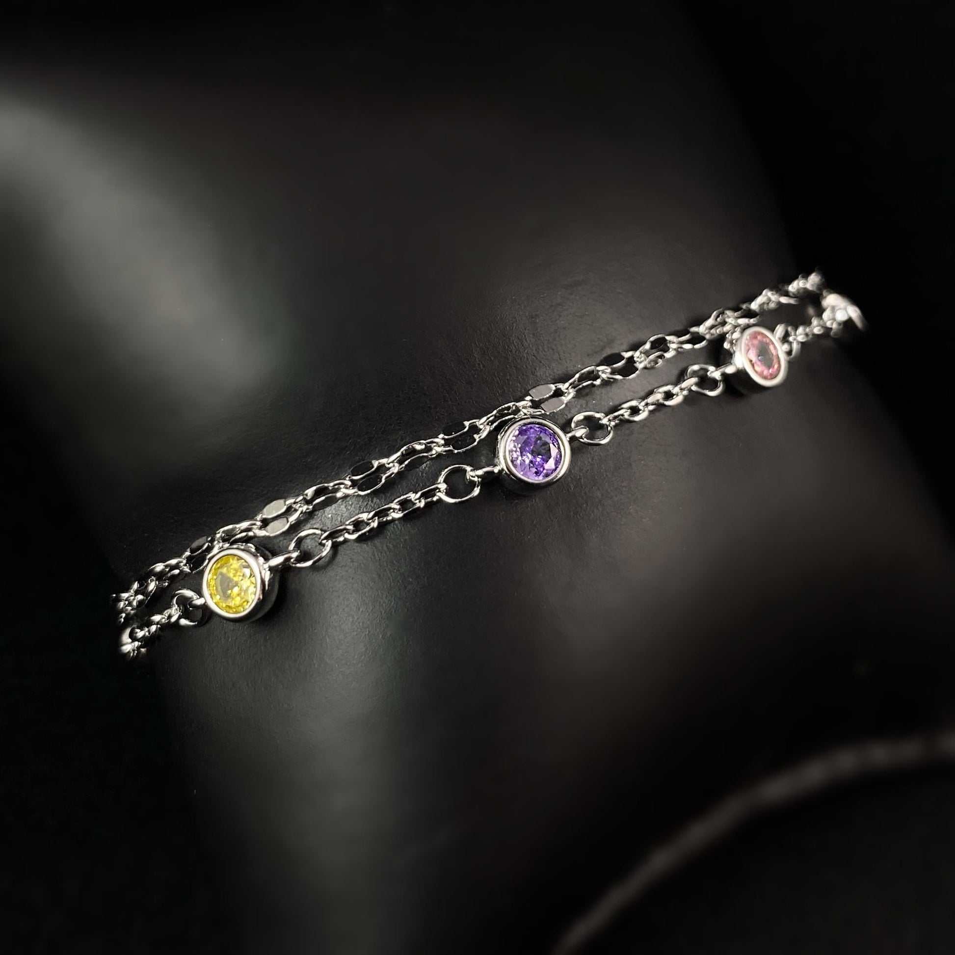 Dainty Multicolor Crystal Double Chain Bracelet, Made in USA - Peri