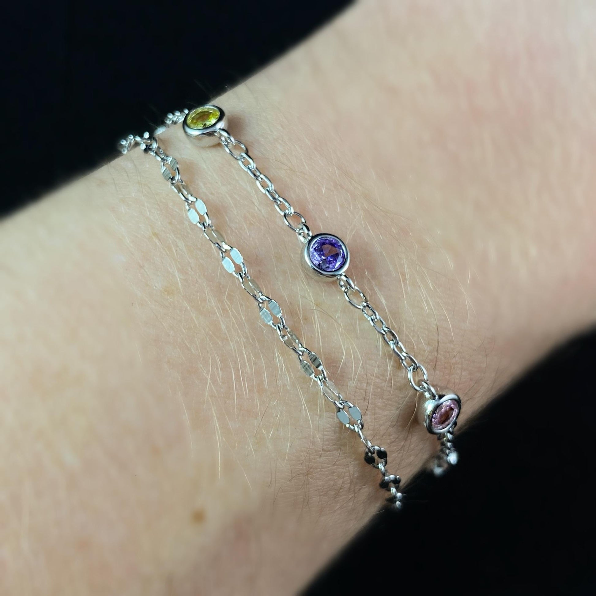 Dainty Multicolor Crystal Double Chain Bracelet, Made in USA - Peri