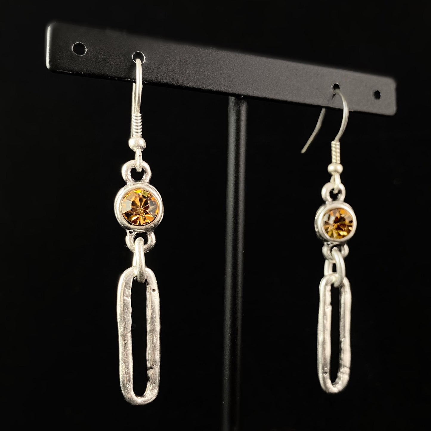 Silver Drop Earrings with Yellow Crystals, Handmade, Nickel Free - Noir