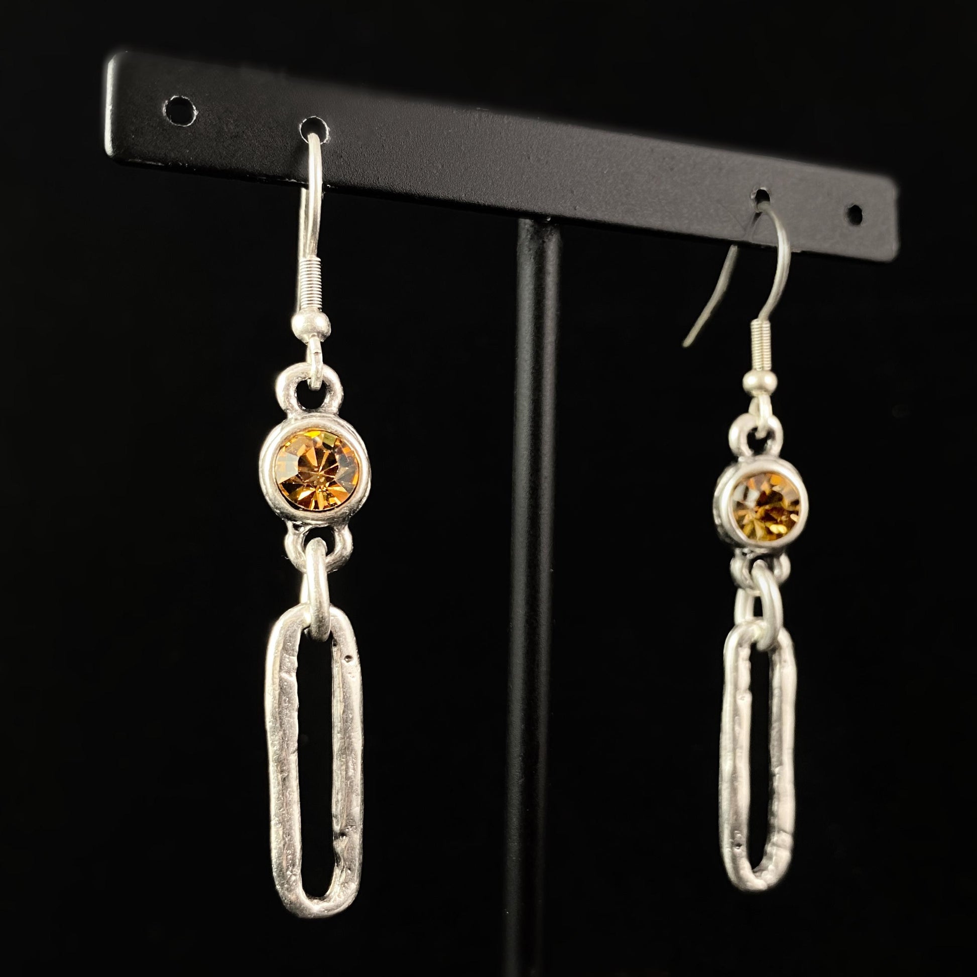 Silver Drop Earrings with Yellow Crystals, Handmade, Nickel Free - Noir
