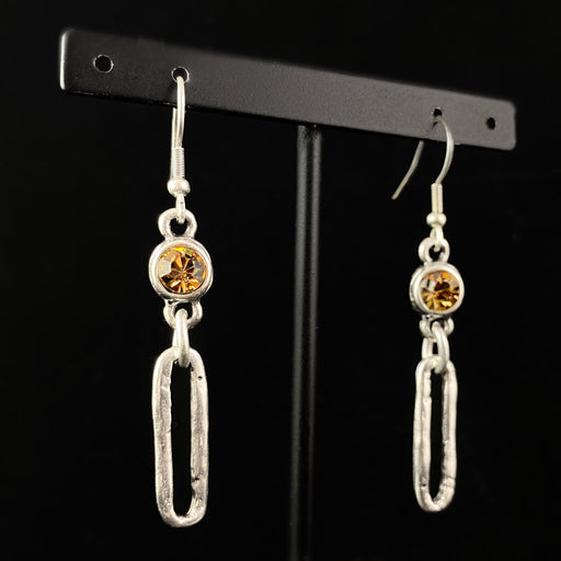 Silver Drop Earrings with Yellow Crystals, Handmade, Nickel Free - Noir